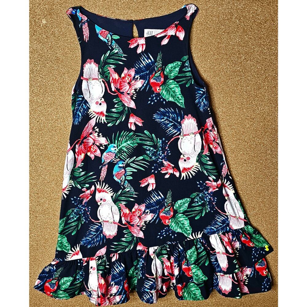H&M Girls Tropical Black Bird Print Dress Size 7/8 Ruffled Skirt And Back Clasp